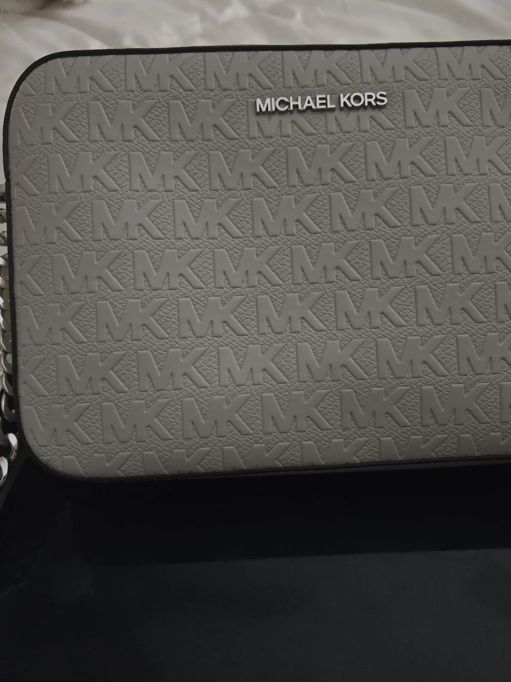 Michael Kors Womens Gray Embossed MK Messenger Bag with Silver Logo